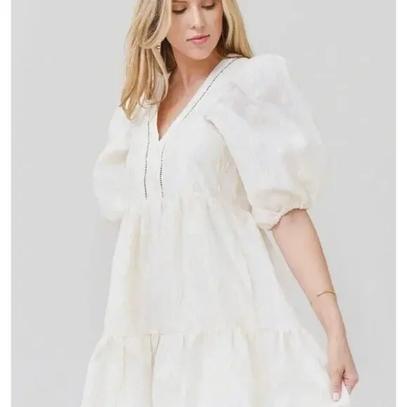 HUNTER BELL Sz L Large Gaille Cream Short Puff Sleeve Jacquard Dress - Picture 10 of 12